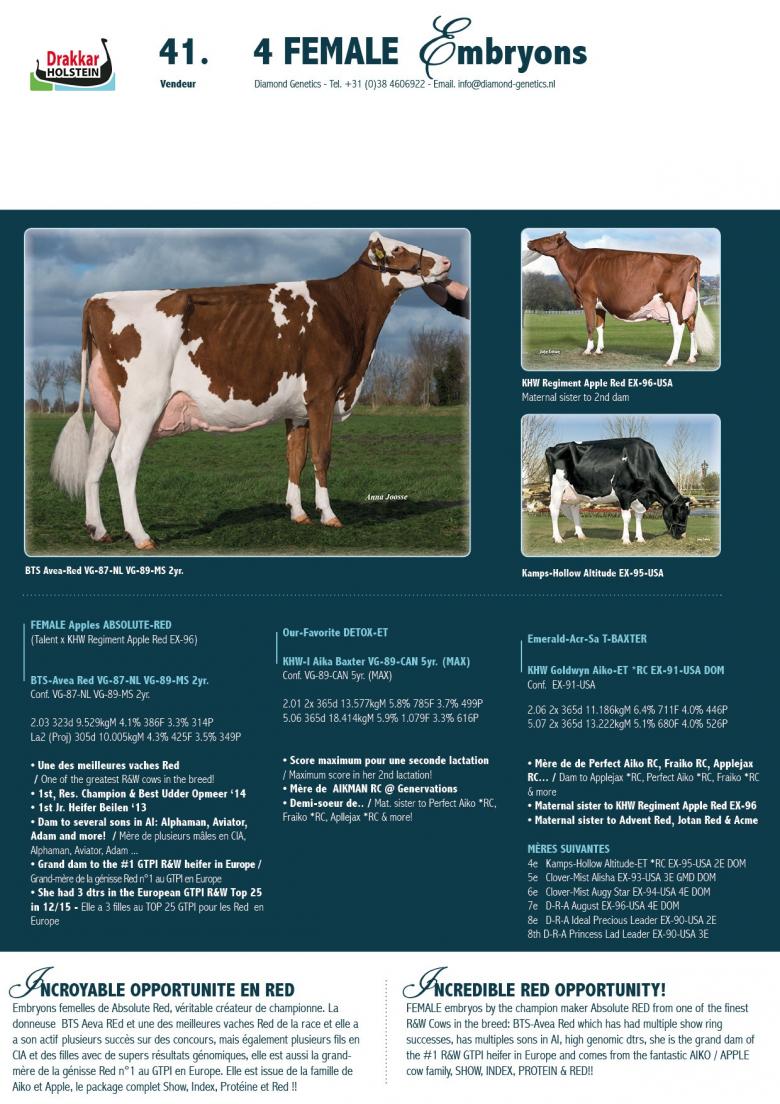 Datasheet for EMBRYOS: #4 SEXED Apples ABSOLUTE RED x BTS Avea Red VG-87-NL VG-89-MS 2yr.