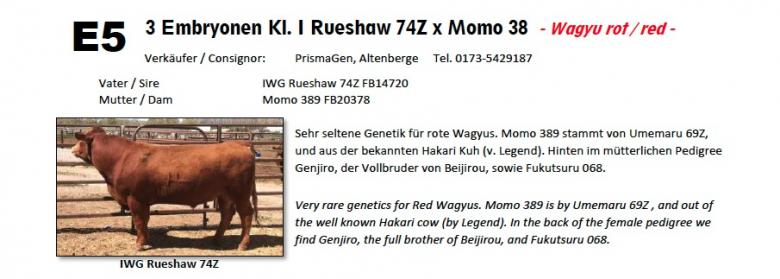 Datasheet for Lot E5: Embryos #3 RUESHAW 74Z x Momo 38 Red