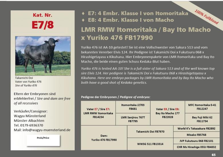 Datasheet for Lot E7. Embryos: #4 LMR RMW ITOMORITAKA x Yuriko 476 FB17990