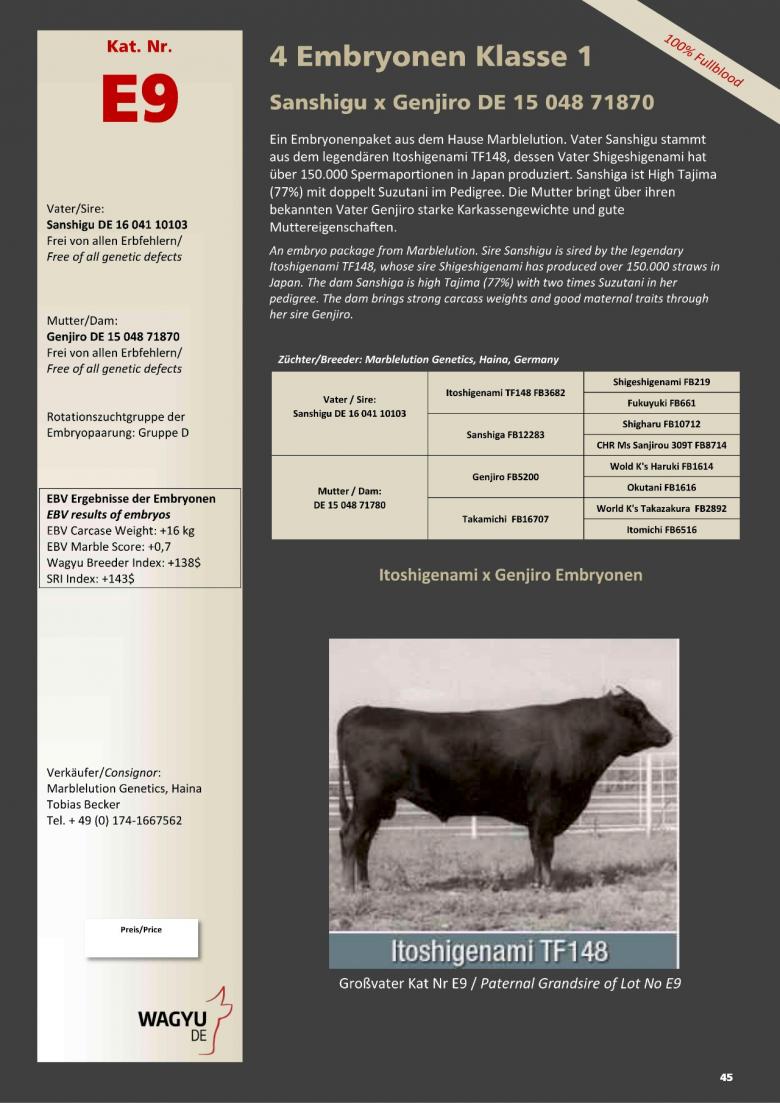 Datasheet for Lot E9. 4 embryos (Grade A) Poll Wagyu N0272 x  Genjiro DE 15 048 71780